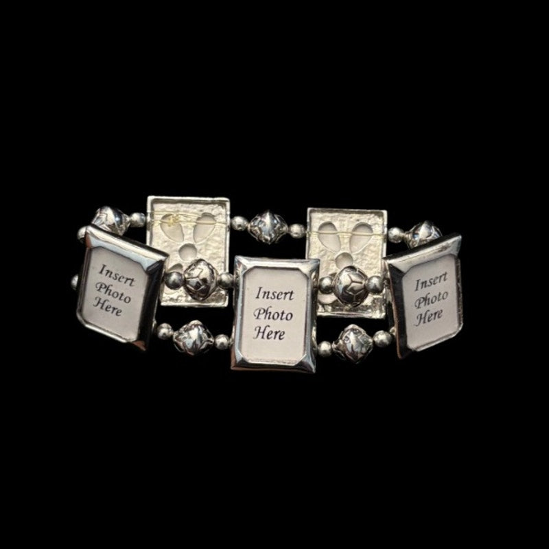 Vintage Costume Silver Photo Frame Link Stretch Bracelet