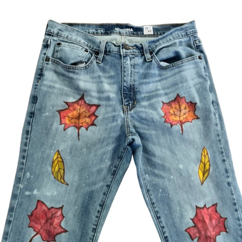 “Falling Leaves” Upcycled Slim Fit Light Wash Jeans (34 x 30)
