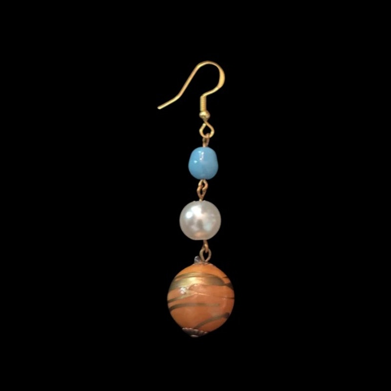 Baroque-inspired Gold/Orange, Faux Pearl & Turquoise Beaded Drop Earrings