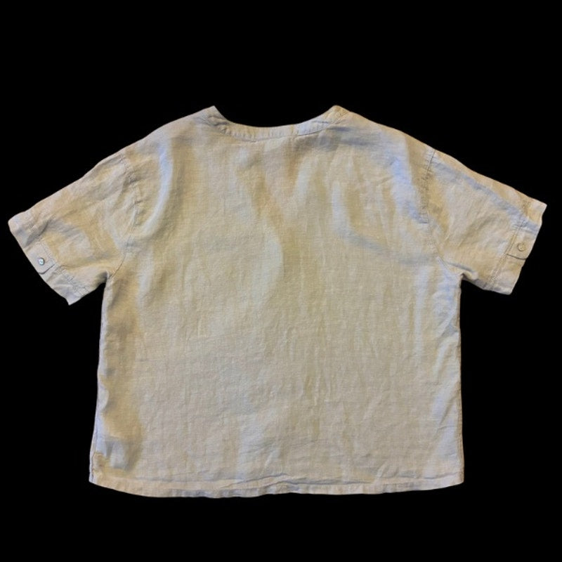 Vintage Sun & Moon Patch Sky Blue Linen Button Down Short Sleeve Shirt (Large)