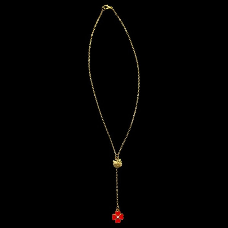 Gold Hello Kitty & Red Four Leaf Clover Charm Layered Drop Pendant Necklace