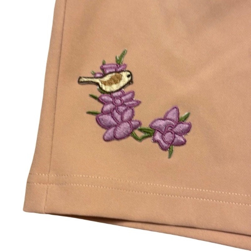 Vintage Birds and Purple Flowers Patch Embellished Muted Salmon Pink NWT High-Waisted Shorts (XXL)