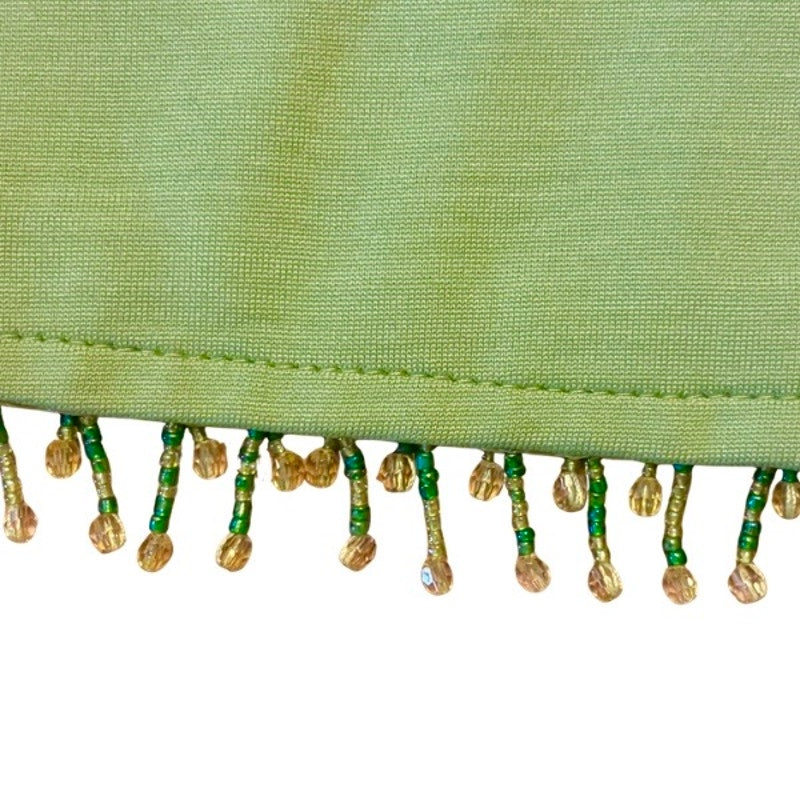 Vintage Embroidered Pink & Green Hummingbird Patch Beaded Fringe Hem Crop Top (Large)