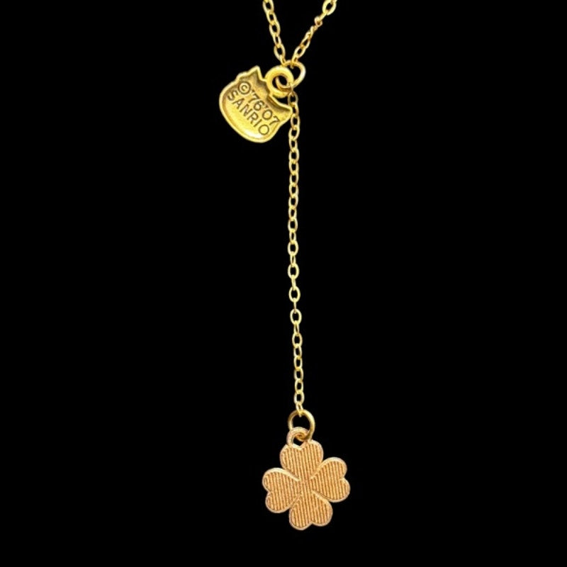 Gold Hello Kitty & Red Four Leaf Clover Charm Layered Drop Pendant Necklace
