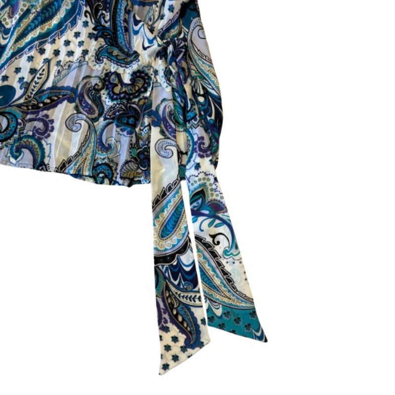 Y2K Sheer Blue Paisley Ruffle Collar Short Sleeve Wrap Top (L)