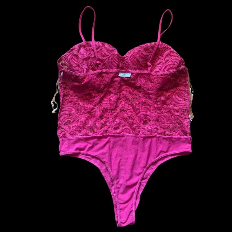 Hot Pink Lace Spaghetti Strap Bustier Bodysuit  (XL)
