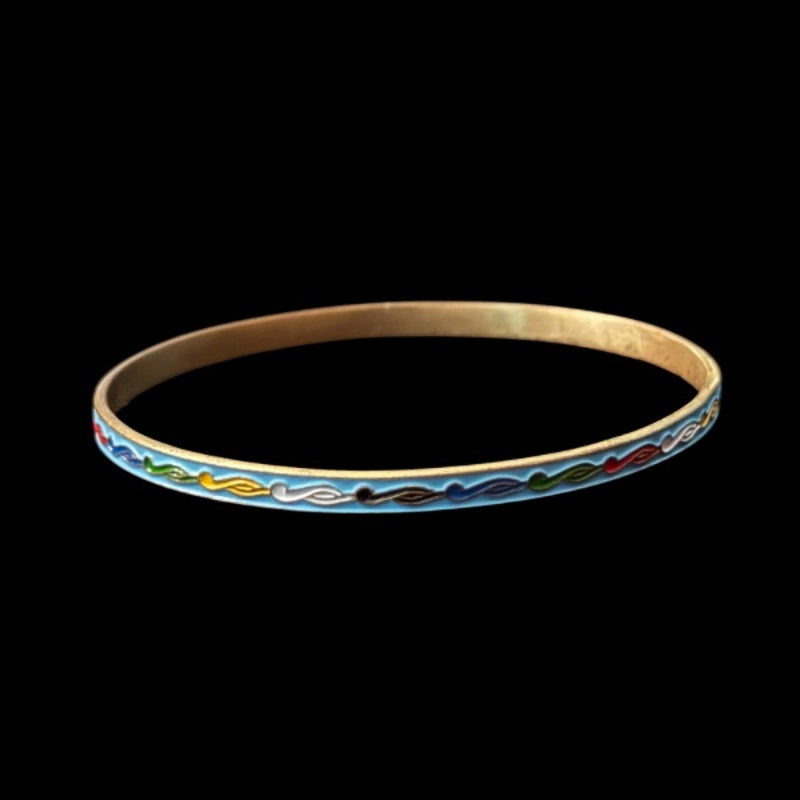 Sky Blue/ Rainbow Scroll Vintage Cloisonné Brass & Enamel Bangle (Medium)