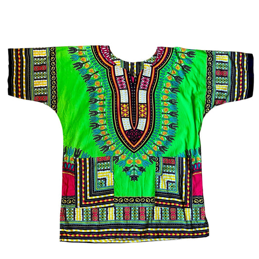 Vintage Vibrant Lime Green/ Multicolor Cotton Ankara Print Dashiki Top (S/M)