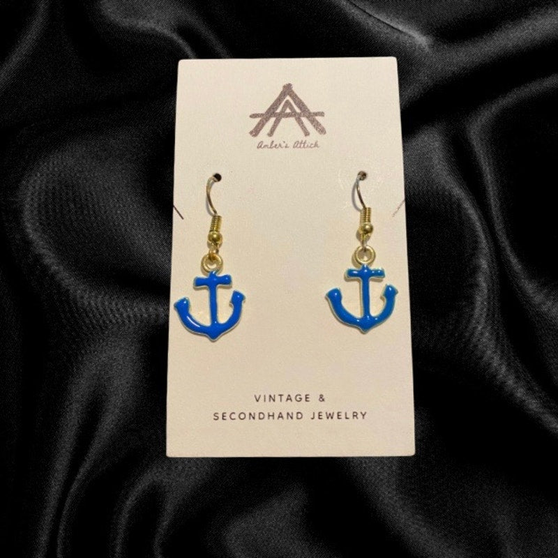 Dainty Cobalt Blue & Yellow Gold  Ship Anchor Earrings