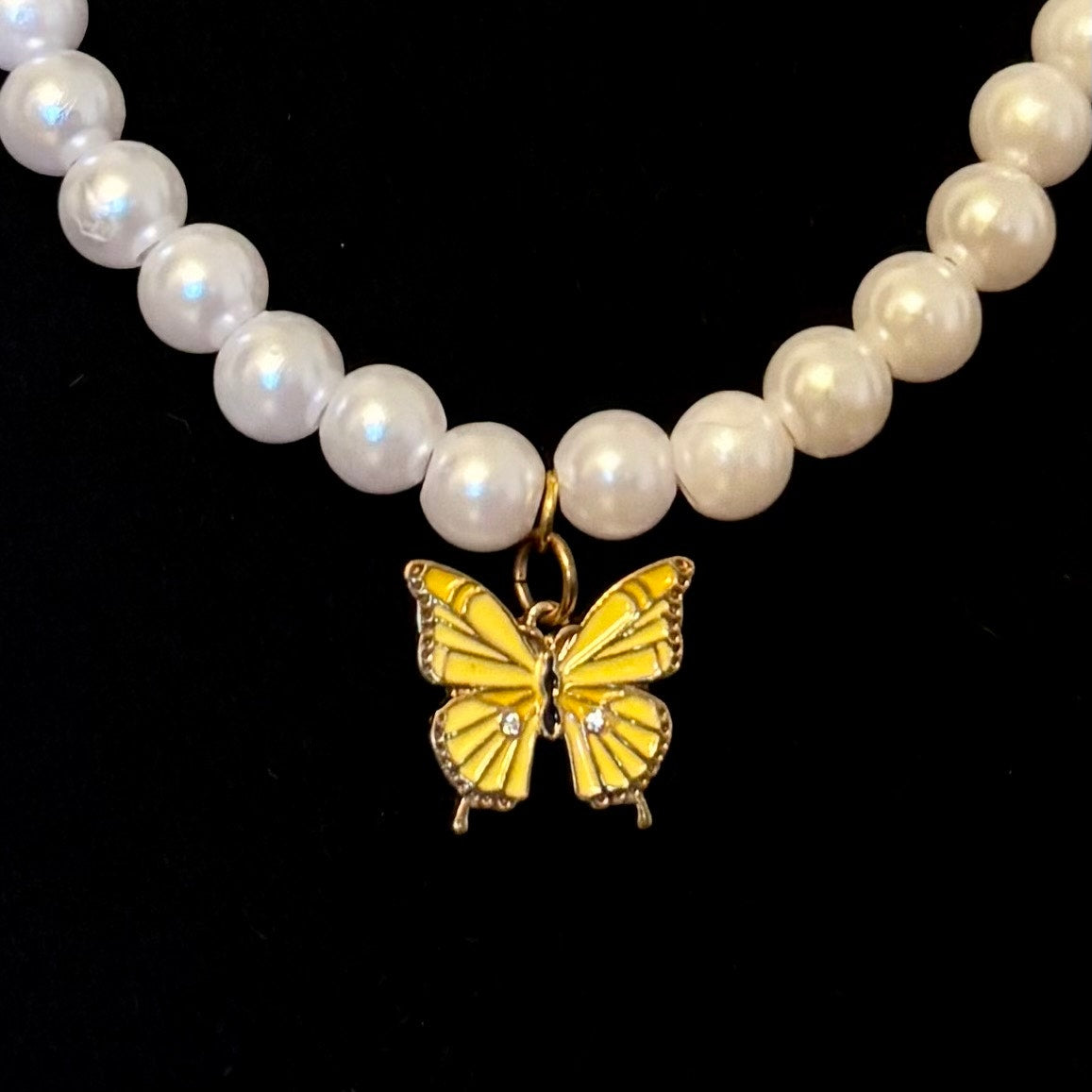 Yellow Butterfly Charm Pendant Pearl Necklace | Handmade with Secondhand Materials