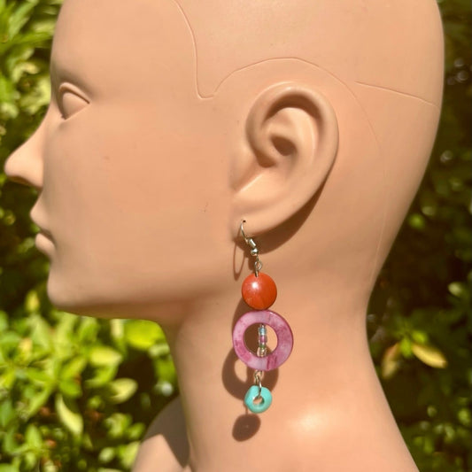 Burnt Orange, Fuchsia Pink Mother-of-Pearl Ring, & Teal Bead Drop Earrings