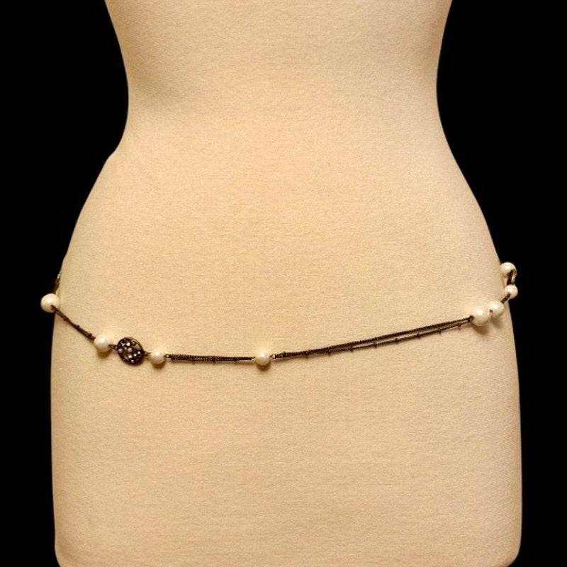 Vintage Bronze-tone Costume Pearl Bead & Rhinestone Studded Chain Necklace/ Belt (35”)