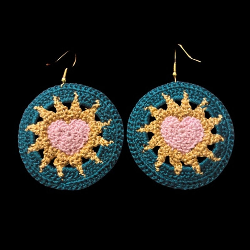 Pink, Gold, & Teal Hearts on Fire Micro-crocheted Disc Earrings