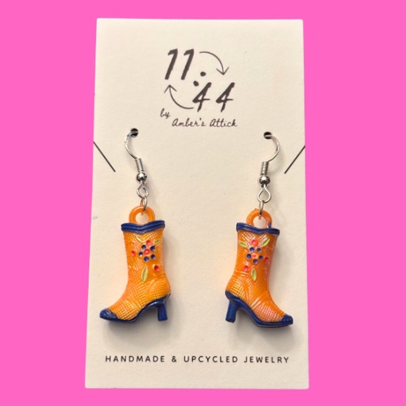 Orange/Blue Handpainted Y2K Floral Cowgirl Boot Charm Earrings