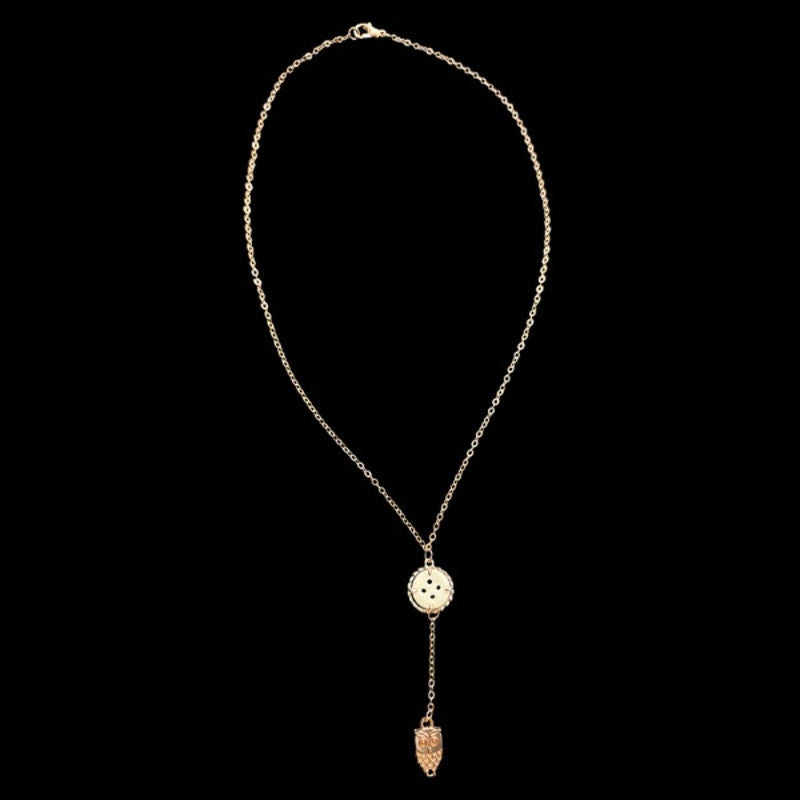 White Button & Gold Owl Charm Layered Drop Pendant Necklace
