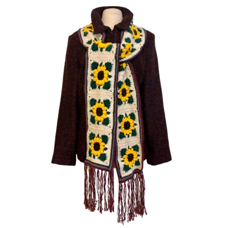 Extra-Long Crocheted Sunflower Granny Square Scarf w/ Multicolor Fringe