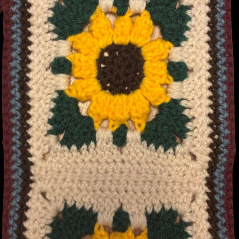 Extra-Long Crocheted Sunflower Granny Square Scarf w/ Multicolor Fringe