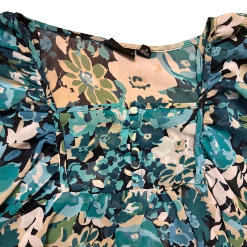 Sheer Blue/Green Floral Puffed Sleeve Peasant Top w/ Sash (L)