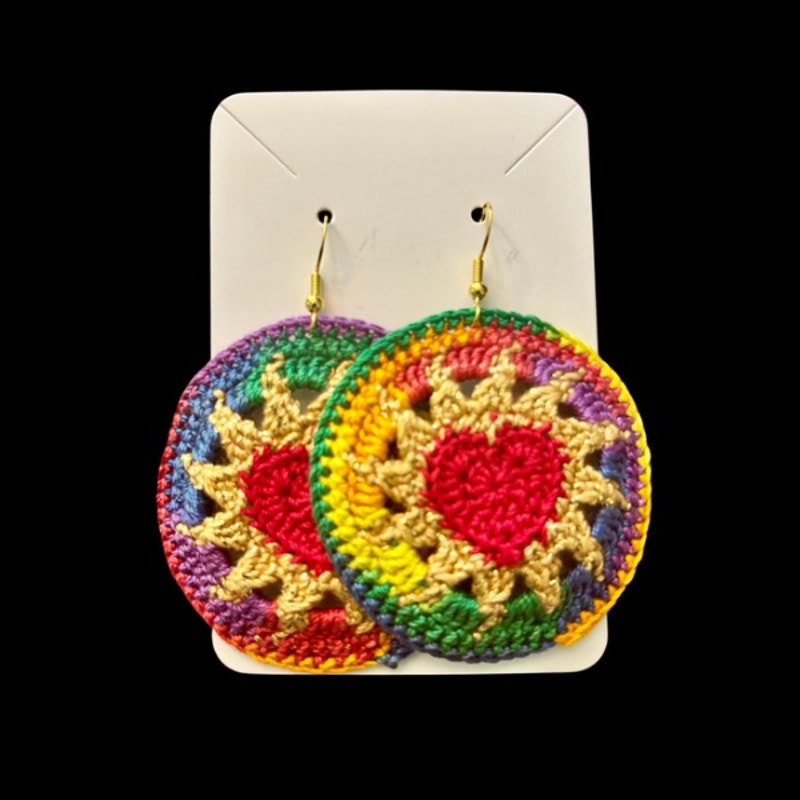 Red, Gold, & Rainbow Hearts on Fire Micro-crocheted Disc Earrings