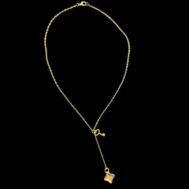 Gold Toned Key & Abstract Diamond Charm Layered Drop Pendant Necklace