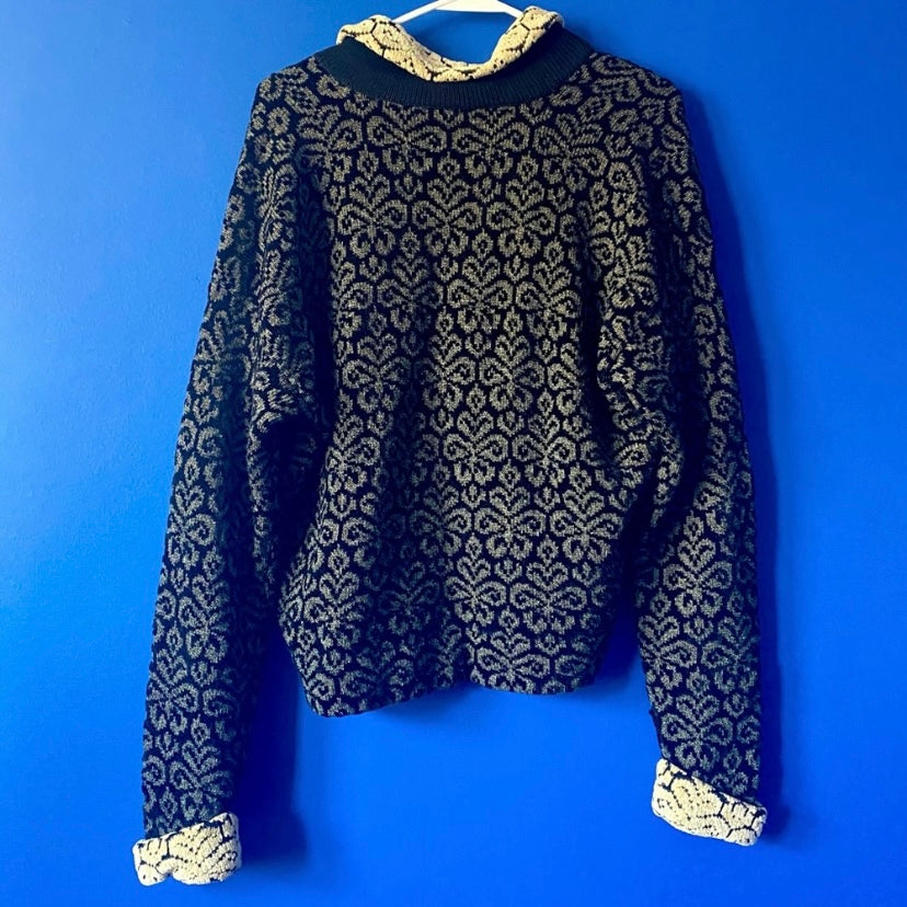 🔔 *RARE VINTAGE* 90’s Dia North of Boston Black & Sage Green Damask Button Down Sweater