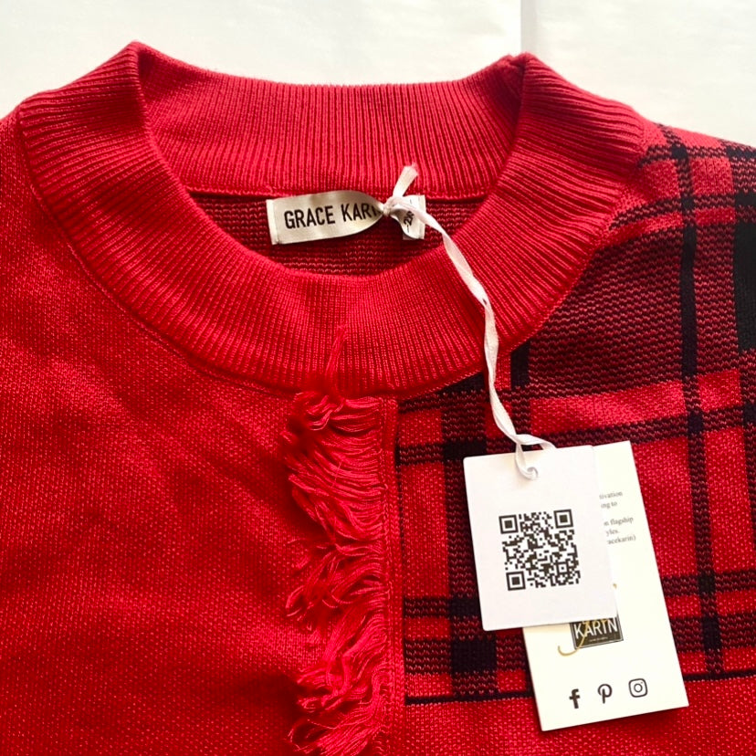 🔔 NWT Grace Karin Red & Black Patchwork Fringe Tartan Sweater (XXL)