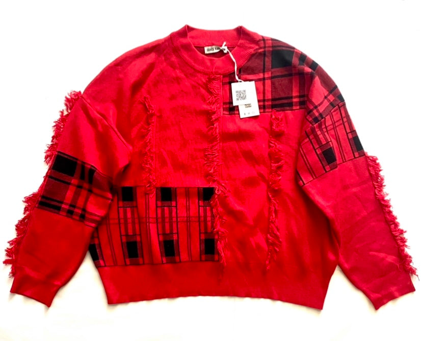 🔔 NWT Grace Karin Red & Black Patchwork Fringe Tartan Sweater (XXL)