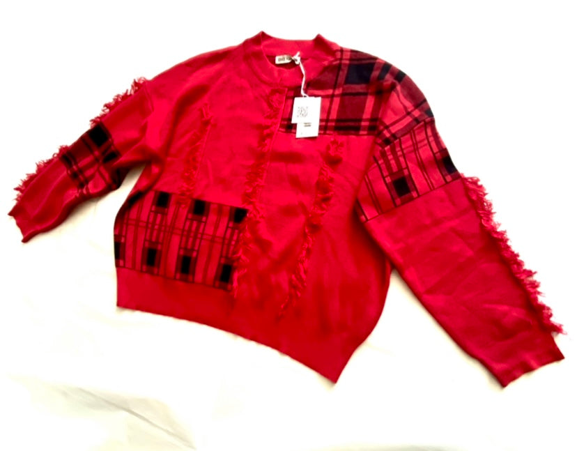 🔔 NWT Grace Karin Red & Black Patchwork Fringe Tartan Sweater (XXL)