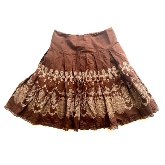 Chocolate Brown w/ Beige Brocade Print Lace Hem Cotton Circle Skirt (8)