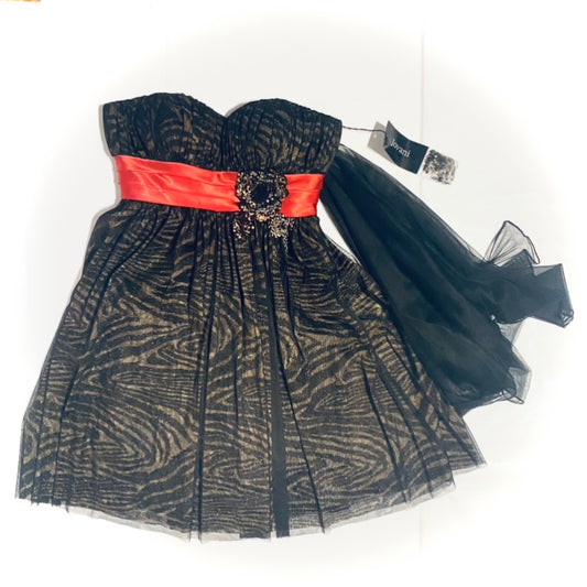NWT Formal Strapless Black/Gold Zebra Print Dress w/ Red Ribbon & Tulle Sash (M)