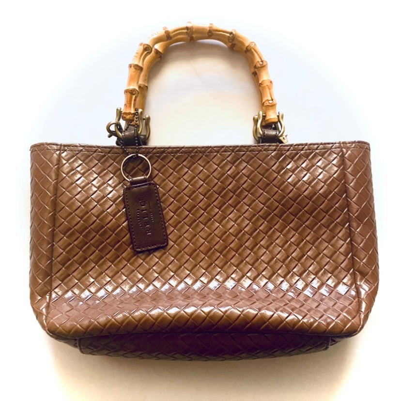RELIC Chocolate Brown Woven Handbag w/ Bamboo Handles & Crossbody Strap
