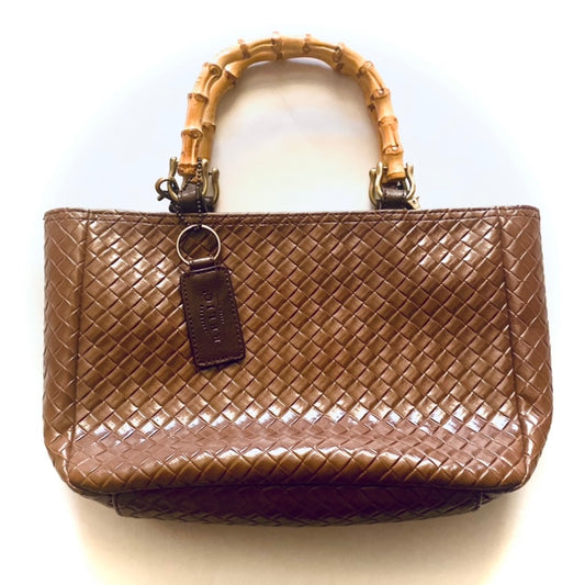 RELIC Chocolate Brown Woven Handbag w/ Bamboo Handles & Crossbody Strap