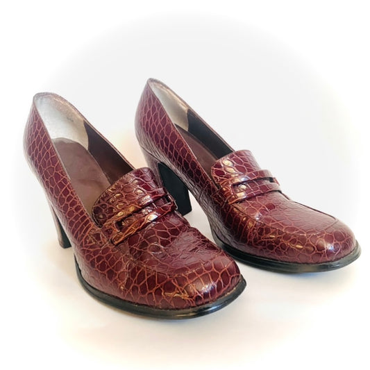 Vintage Mahogany Crocodile Leather Loafer Heels (8 1/2 M)