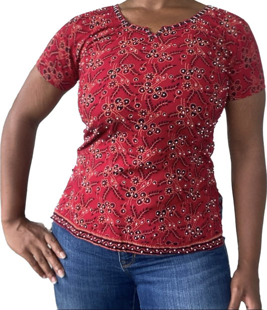 Handmade Vintage Red Black & White Embroidered Top (M)