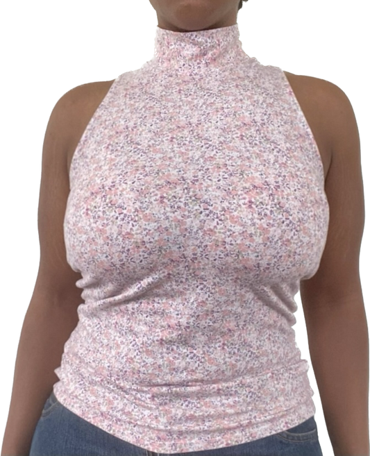 Spring 90s Pastel Pink Floral Sleeveless Racerback Turtleneck