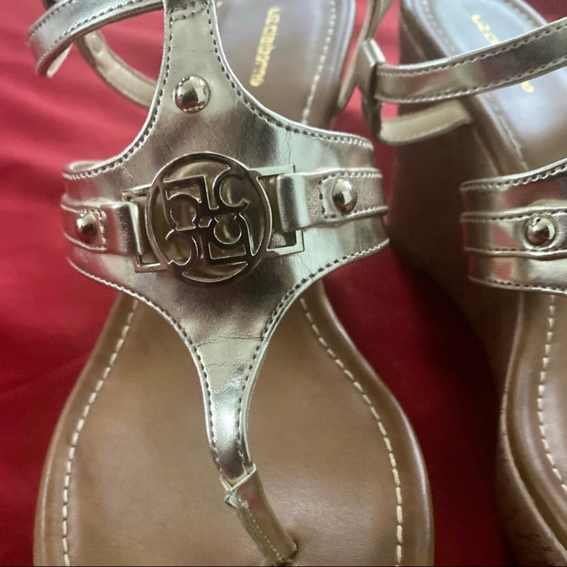 Metallic Gold Liz Claiborne Strappy Cork Wedge Sandals (9M)
