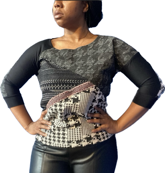 Y2K Patchwork Houndstooth Red, White, & Black 3/4 Sleeve Shirt (M)