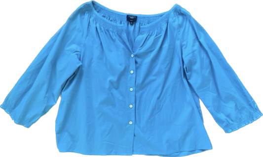 NWOT Talbot’s Petites Stretch Cyan Blue Button Down Peasant Blouse (12P)