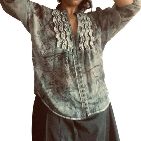 Pastel Purple Cheetah Print Ruffle Bib Blouse (Petite Large)