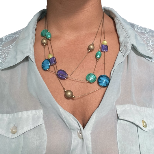 Abstract Blue/Green/Purple Planetary Illusion Beaded Necklace