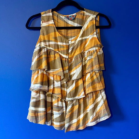 Abstract Orange/Taupe/White Striped Ruffle-Tiered Sleeveless Top (M)